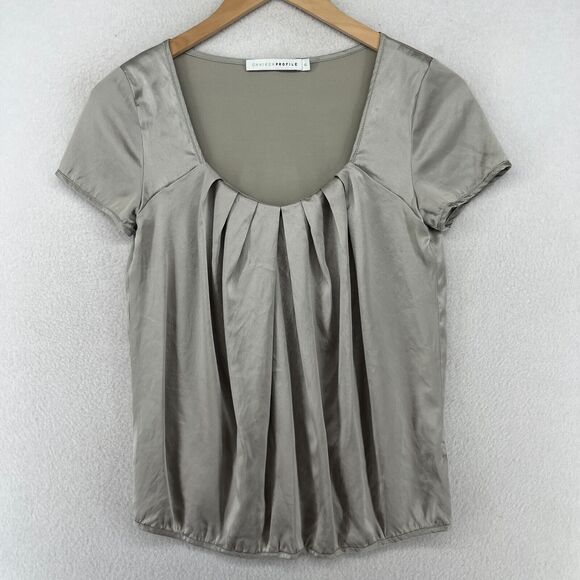 Chaiken Profile Tops - CHAIKEN PROFILE Top 0 XS Stretch Silk Satin Pleated Cap Sleeve Gray Silver USA